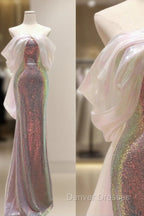 Modest Sheath Off The Shoulder Sequin Long Party Dress Pink Prom Dress