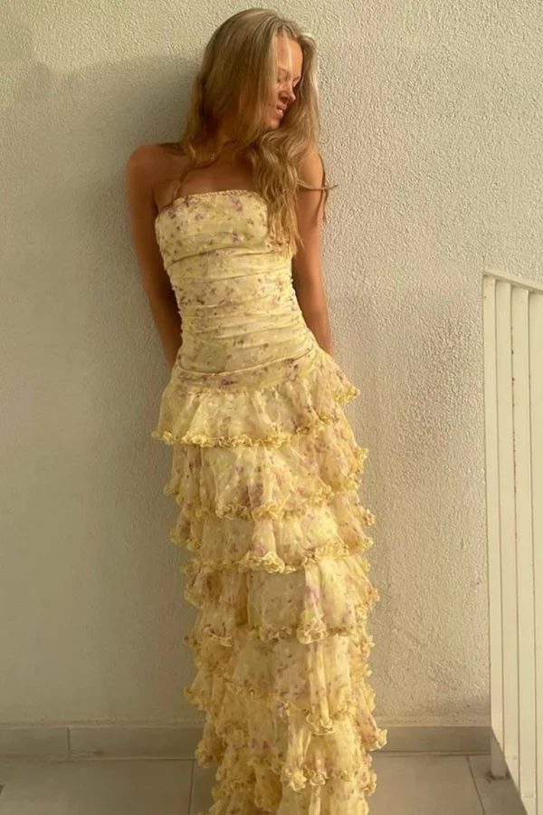 Modest Sheath Strapless Yellow Chiffon Floral Long Prom Dress Party Dress 22Th Birthday Outfits Graduation Dress