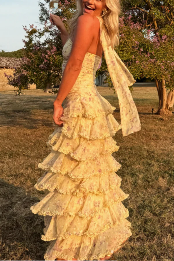 Modest Sheath Strapless Yellow Chiffon Floral Long Prom Dress Party Dress 22Th Birthday Outfits Graduation Dress