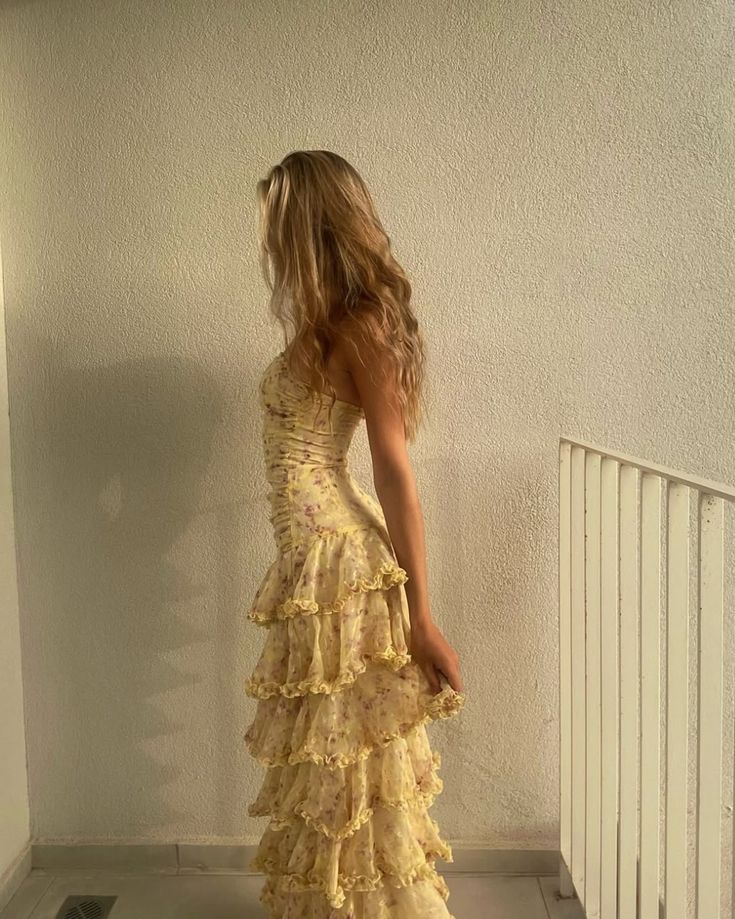 Modest Sheath Strapless Yellow Chiffon Floral Long Prom Dress Party Dress 22Th Birthday Outfits Graduation Dress Main image
