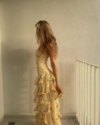 Modest Sheath Strapless Yellow Chiffon Floral Long Prom Dress Party Dress 22Th Birthday Outfits Graduation Dress
