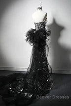 Modest Silver Mermaid Strapless Sequin Tulle  Long Prom Dress Formal Evening Dress