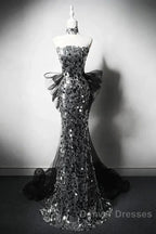 Modest Silver Mermaid Strapless Sequin Tulle  Long Prom Dress Formal Evening Dress