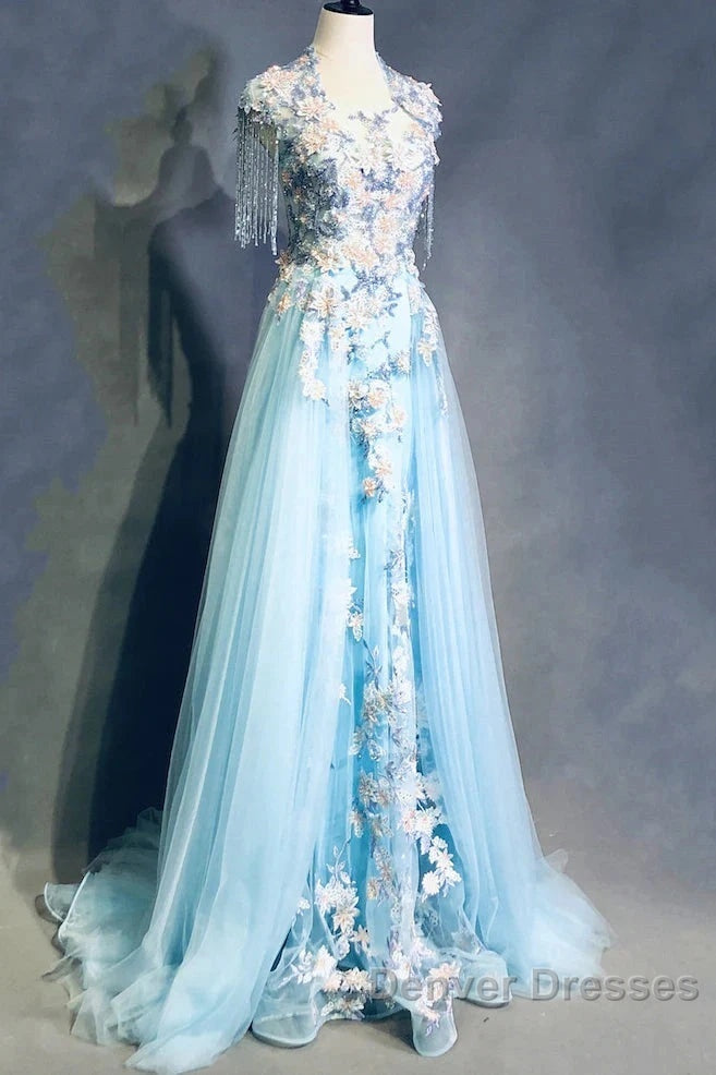 Modest Sky Blue A-Line Tulle Beading Embroidery Appliques Long Prom Dress Pageant Gown