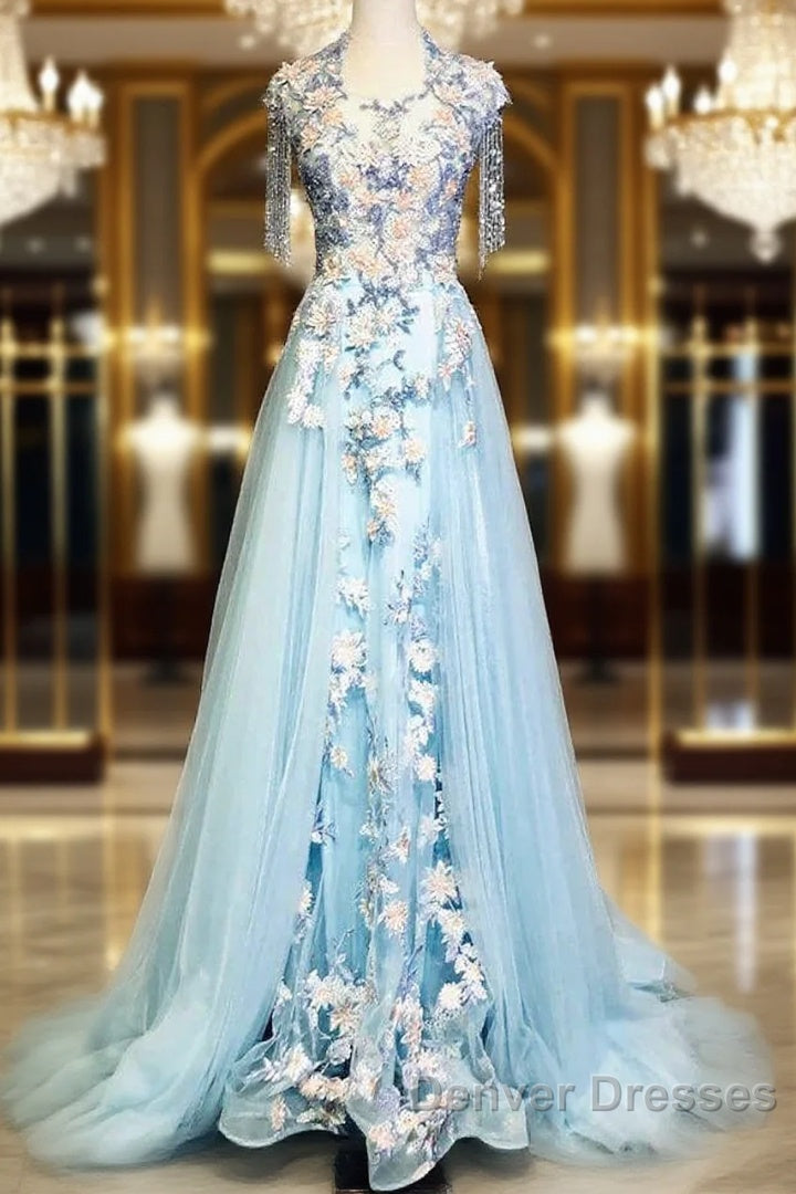 Modest Sky Blue A-Line Tulle Beading Embroidery Appliques Long Prom Dress Pageant Gown