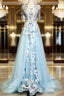 Modest Sky Blue A-Line Tulle Beading Embroidery Appliques Long Prom Dress Pageant Gown