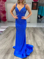 Modest Trendy Mermaid Spaghetti Straps Navy Blue Sequins Prom Dress Style Long Senior High School Dance Party Dress