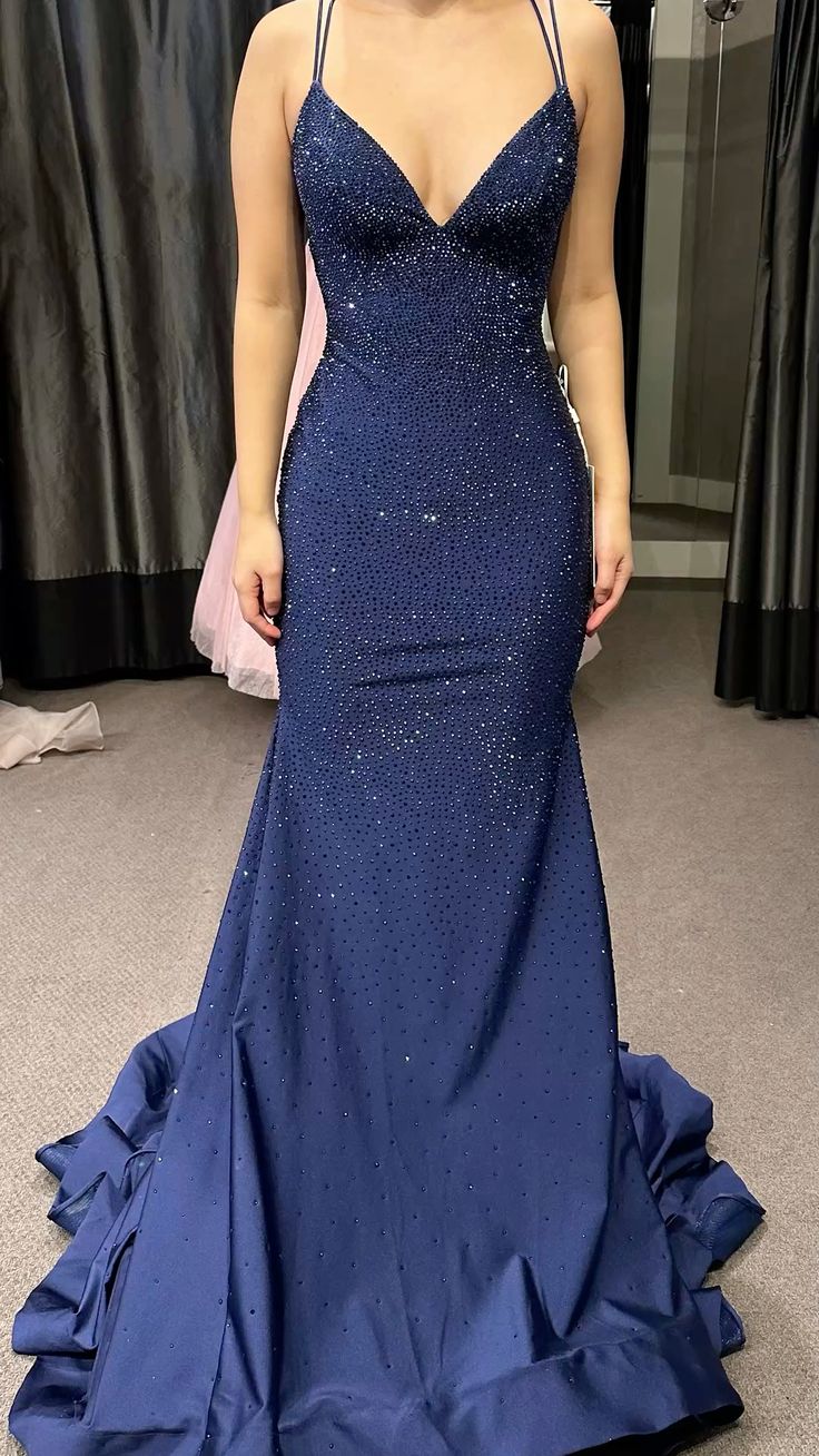 Modest Trendy Mermaid Spaghetti Straps Navy Blue Sequins Prom Dress Style Long Senior High School Dance Party Dress