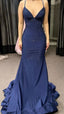 Modest Trendy Mermaid Spaghetti Straps Navy Blue Sequins Prom Dress Style Long Senior High School Dance Party Dress