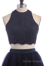 Modest Two Pieces Sleeveless Hollow Navy Blue Homecoming Dress
