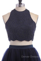 Modest Two Pieces Sleeveless Hollow Navy Blue Homecoming Dress