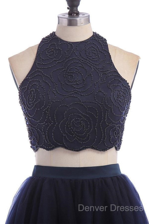 Modest Two Pieces Sleeveless Hollow Navy Blue Homecoming Dress