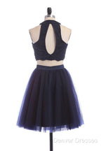Modest Two Pieces Sleeveless Hollow Navy Blue Homecoming Dress