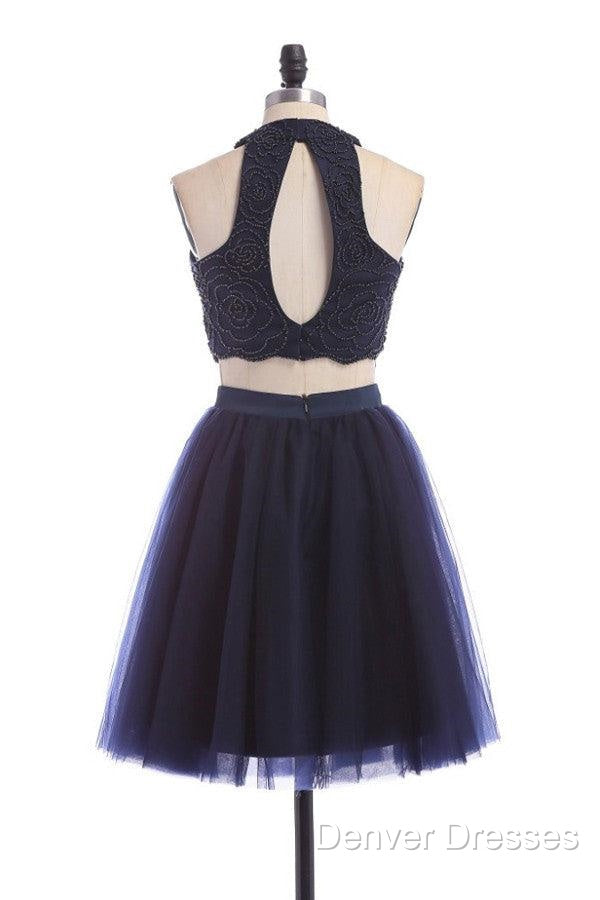 Modest Two Pieces Sleeveless Hollow Navy Blue Homecoming Dress