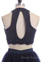 Modest Two Pieces Sleeveless Hollow Navy Blue Homecoming Dress