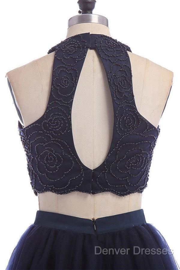 Modest Two Pieces Sleeveless Hollow Navy Blue Homecoming Dress