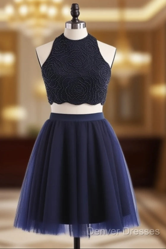 Modest Two Pieces Sleeveless Hollow Navy Blue Homecoming Dress Main image
