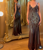 Vintage-Inspired Evening Dress ©µ Blue Satin Spaghetti Straps Coffee Chiffon Long Prom Dress With Beading