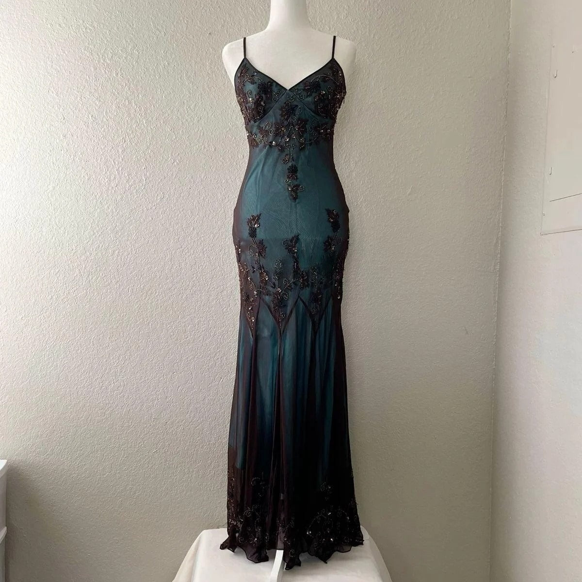 Vintage-Inspired Evening Dress ©µ Blue Satin Spaghetti Straps Coffee Chiffon Long Prom Dress With Beading