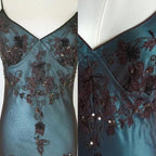 Vintage-Inspired Evening Dress ©µ Blue Satin Spaghetti Straps Coffee Chiffon Long Prom Dress With Beading