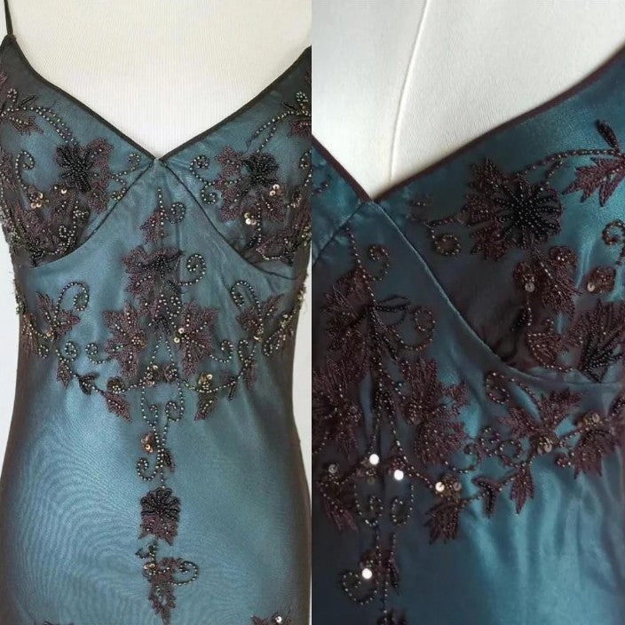 Vintage-Inspired Evening Dress ©µ Blue Satin Spaghetti Straps Coffee Chiffon Long Prom Dress With Beading