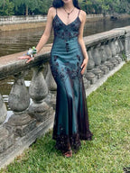 Vintage-Inspired Evening Dress ©µ Blue Satin Spaghetti Straps Coffee Chiffon Long Prom Dress With Beading