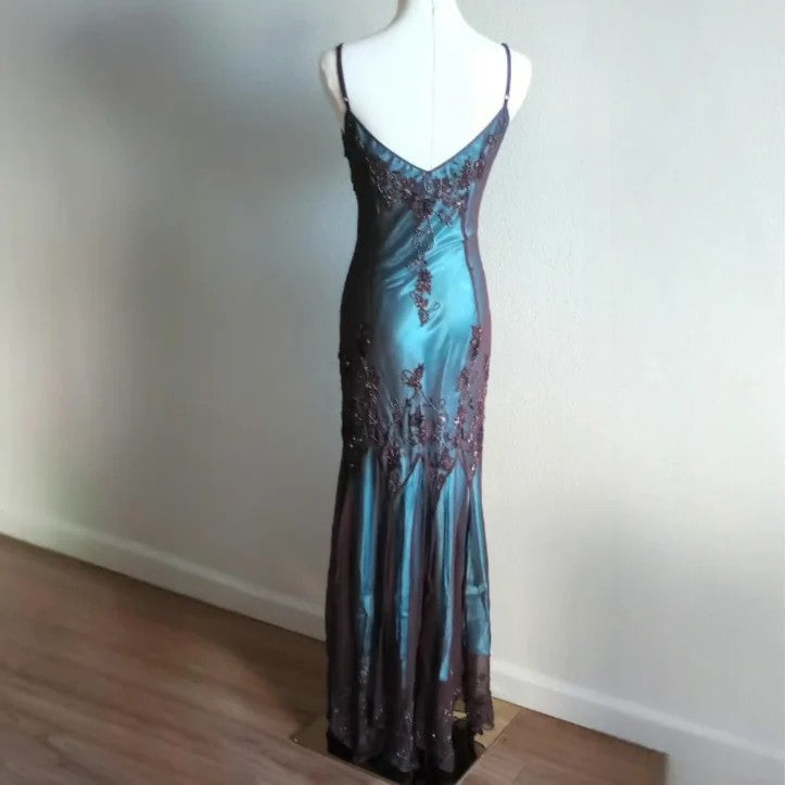 Vintage-Inspired Evening Dress ©µ Blue Satin Spaghetti Straps Coffee Chiffon Long Prom Dress With Beading