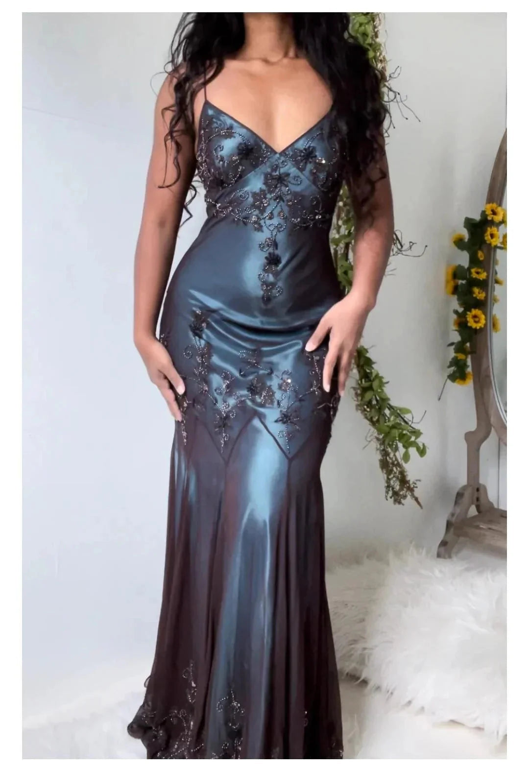 Vintage-Inspired Evening Dress ©µ Blue Satin Spaghetti Straps Coffee Chiffon Long Prom Dress With Beading