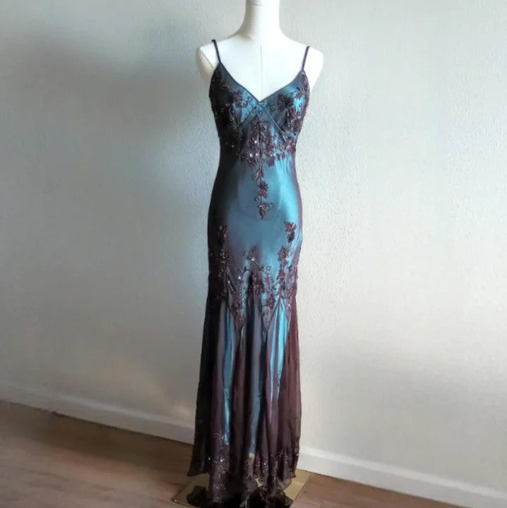 Vintage-Inspired Evening Dress ©µ Blue Satin Spaghetti Straps Coffee Chiffon Long Prom Dress With Beading Main image