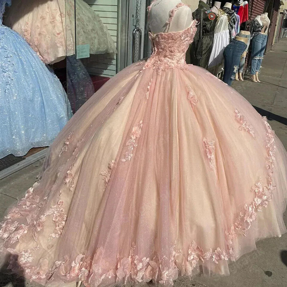 Pink/Purple/Green Sweet Lace Applique Long Tulle Quinceanera Dress Ball Gown Evening Dress