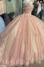 Pink/Purple/Green Sweet Lace Applique Long Tulle Quinceanera Dress Ball Gown Evening Dress
