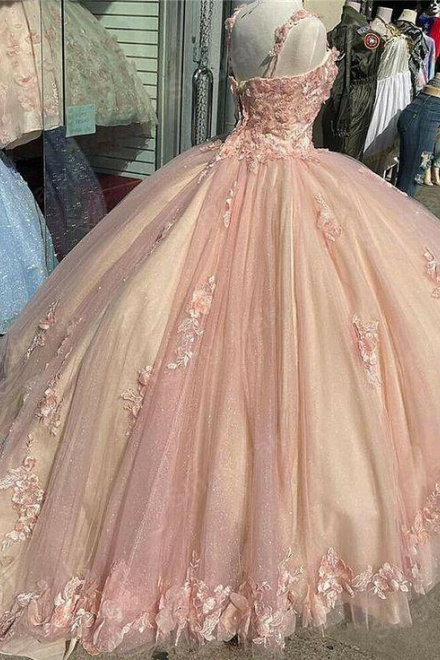 Pink/Purple/Green Sweet Lace Applique Long Tulle Quinceanera Dress Ball Gown Evening Dress