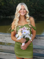 Mustard Green Off The Shoulder Tulle Homecoming Dress Short Cocktail Dresses