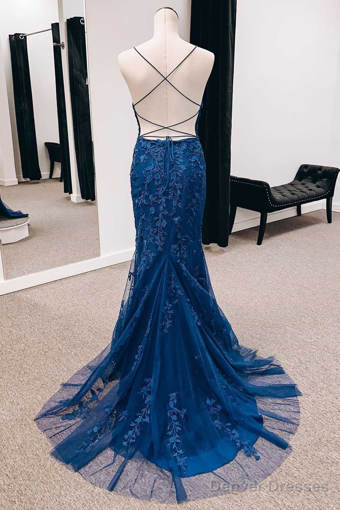 Navy Appliques Lace-Up Back Mermaid Long Formal Dress with Slit,Unique Prom Dresses Secondary image