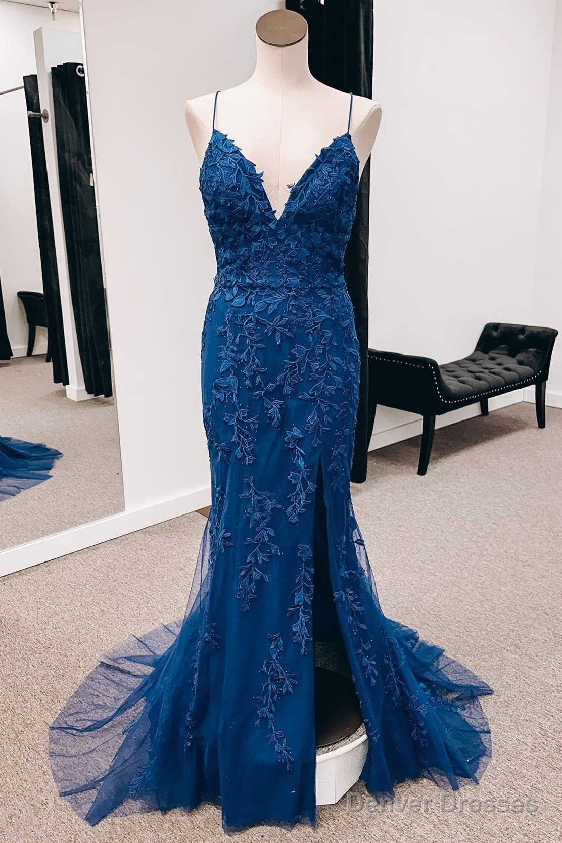 Navy Appliques Lace-Up Back Mermaid Long Formal Dress with Slit,Unique Prom Dresses Main image