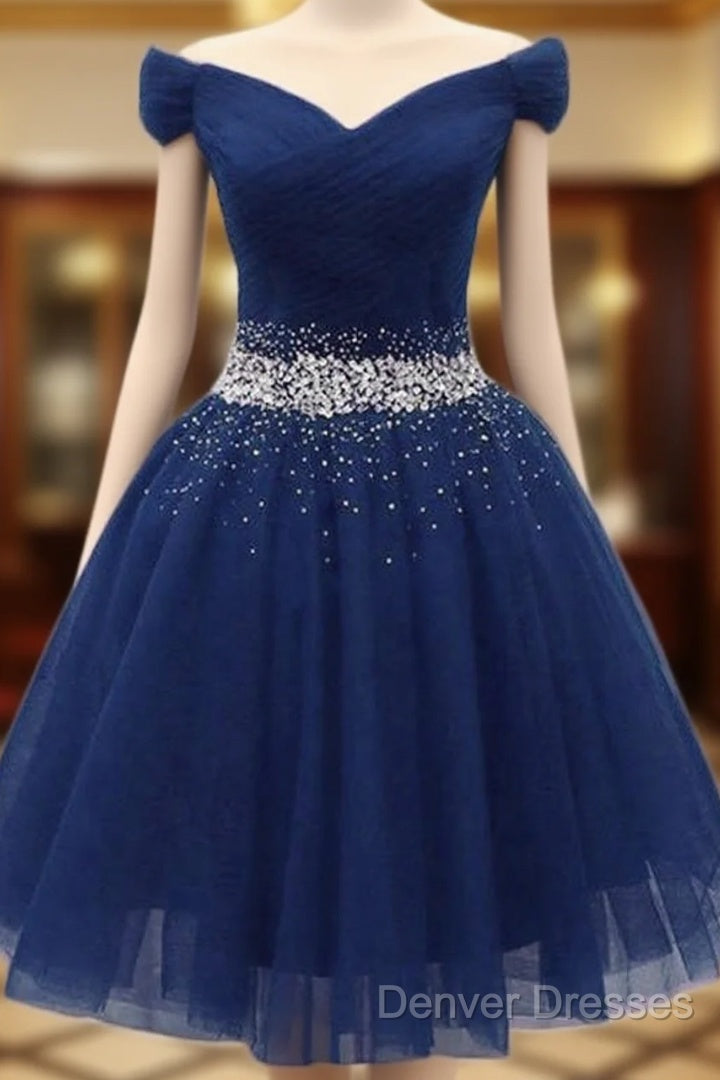 Navy Beaded Sweetheart Off Shoulder Tulle Homecoming Dress Main image