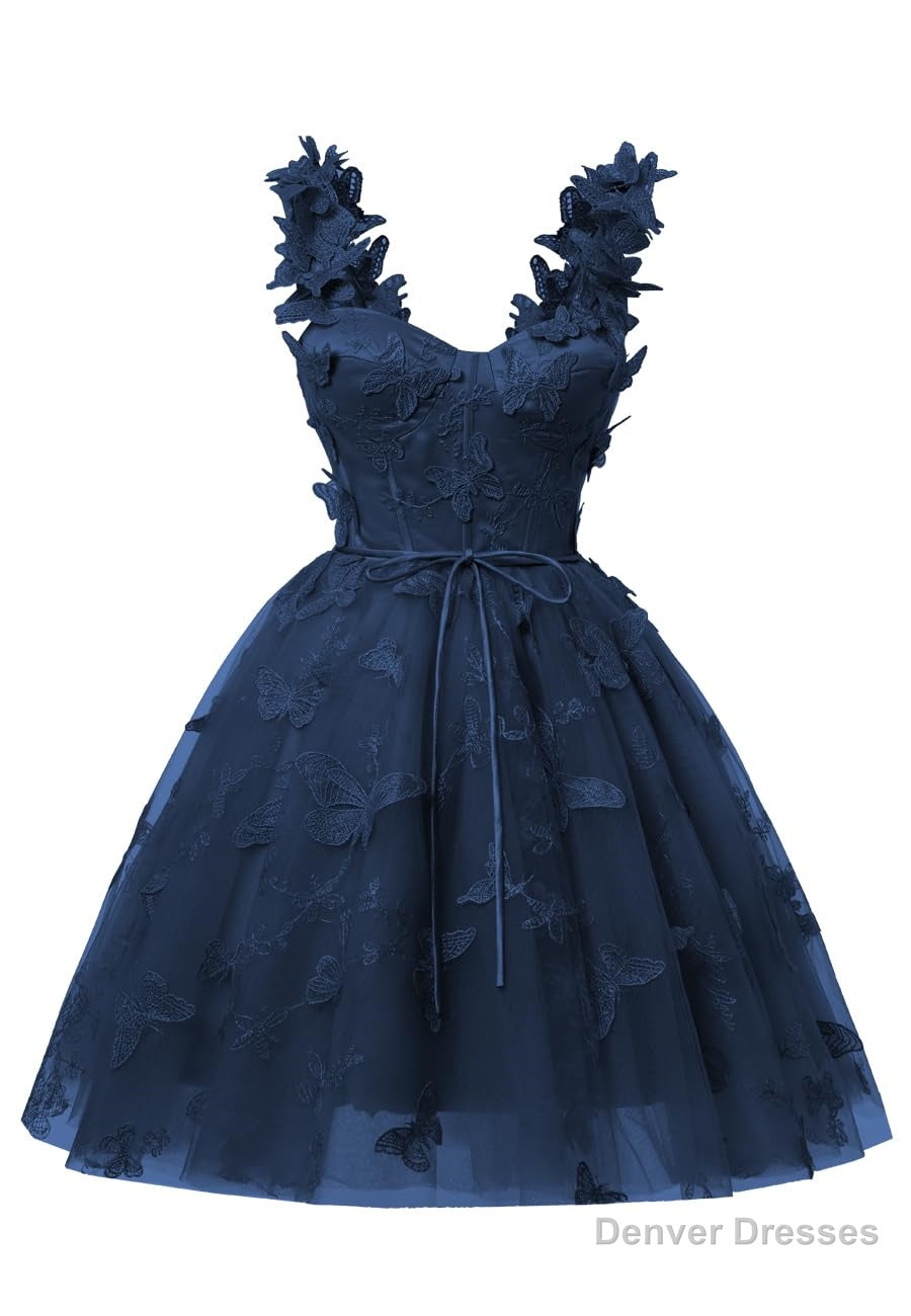 Navy Blue 3D Butterfly Lace Applique Tulle Homecoming Dress for Teens Sweetheart Mini Short Prom Dresses
