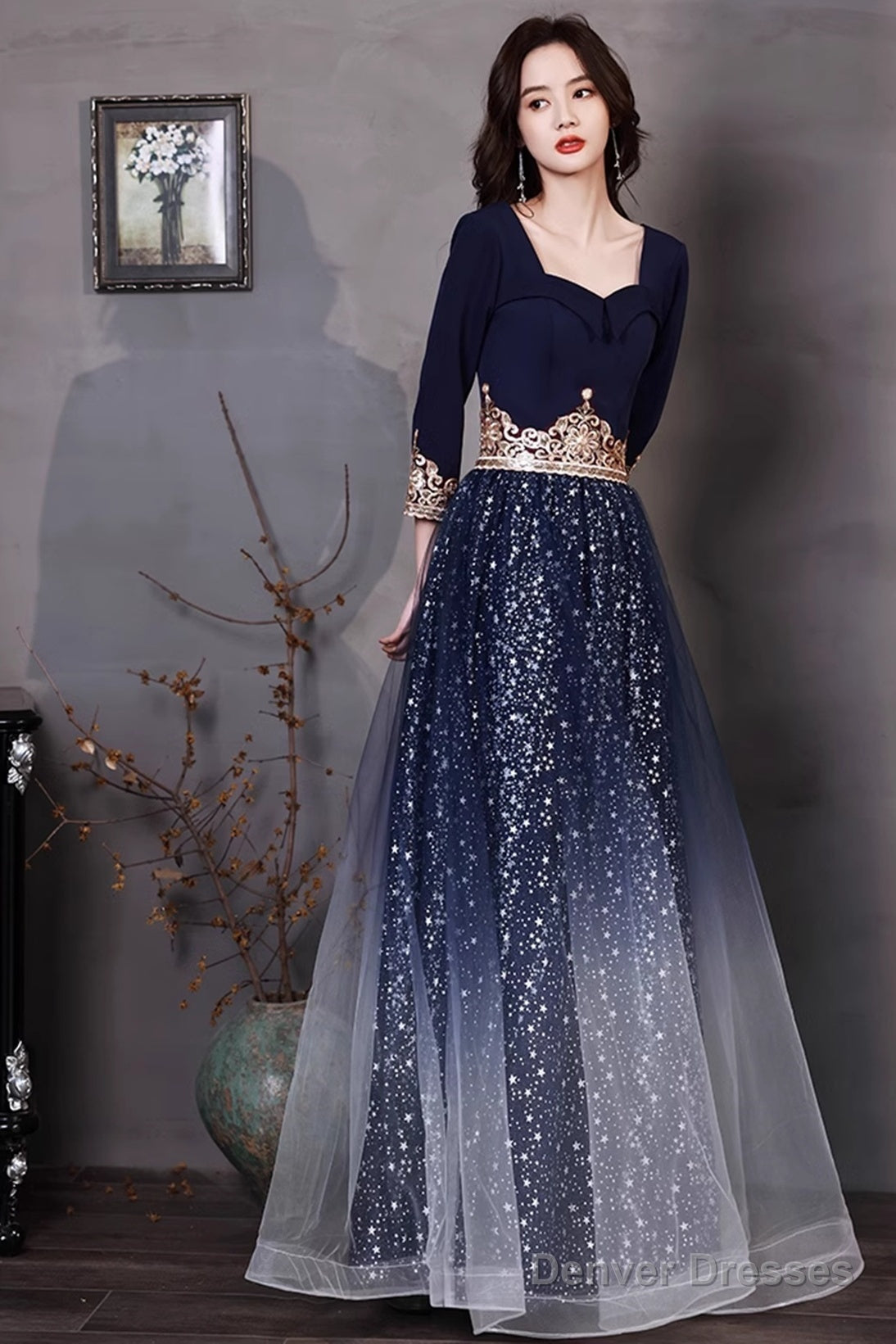 Navy Blue A-Line Short Sleeves Floor Length Party Dress, Navy Blue Bridesmaid Dress Secondary image