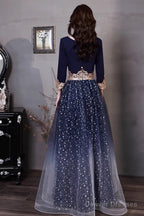 Navy Blue A-Line Short Sleeves Floor Length Party Dress, Navy Blue Bridesmaid Dress