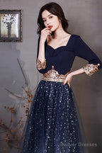 Navy Blue A-Line Short Sleeves Floor Length Party Dress, Navy Blue Bridesmaid Dress