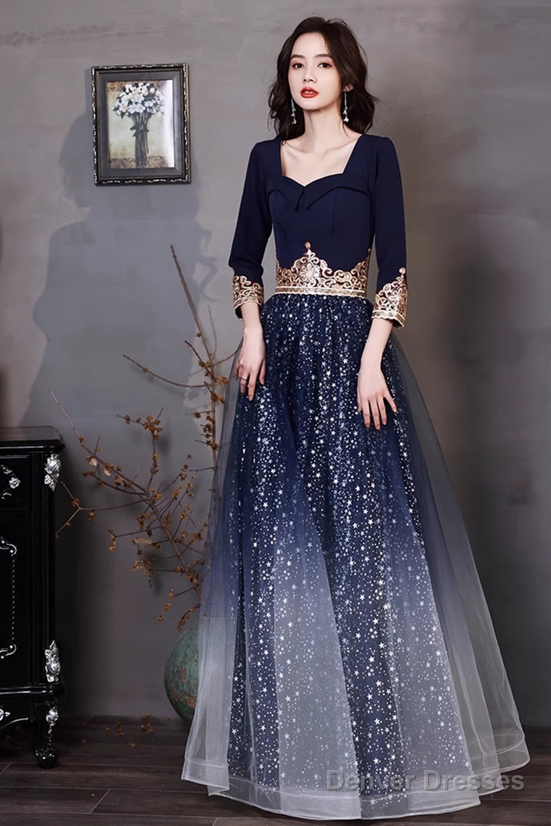 Navy Blue A-Line Short Sleeves Floor Length Party Dress, Navy Blue Bridesmaid Dress Main image