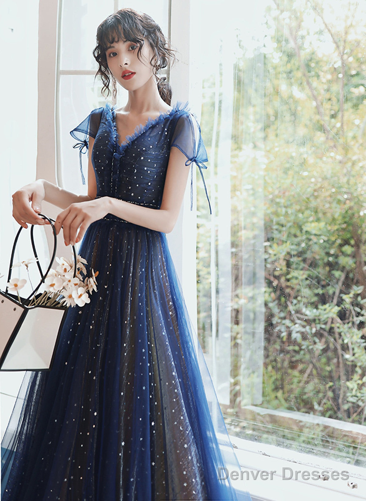 Navy Blue A-Line Short Sleeves V-Neckline Party Dress, Navy Blue Prom Dress Secondary image