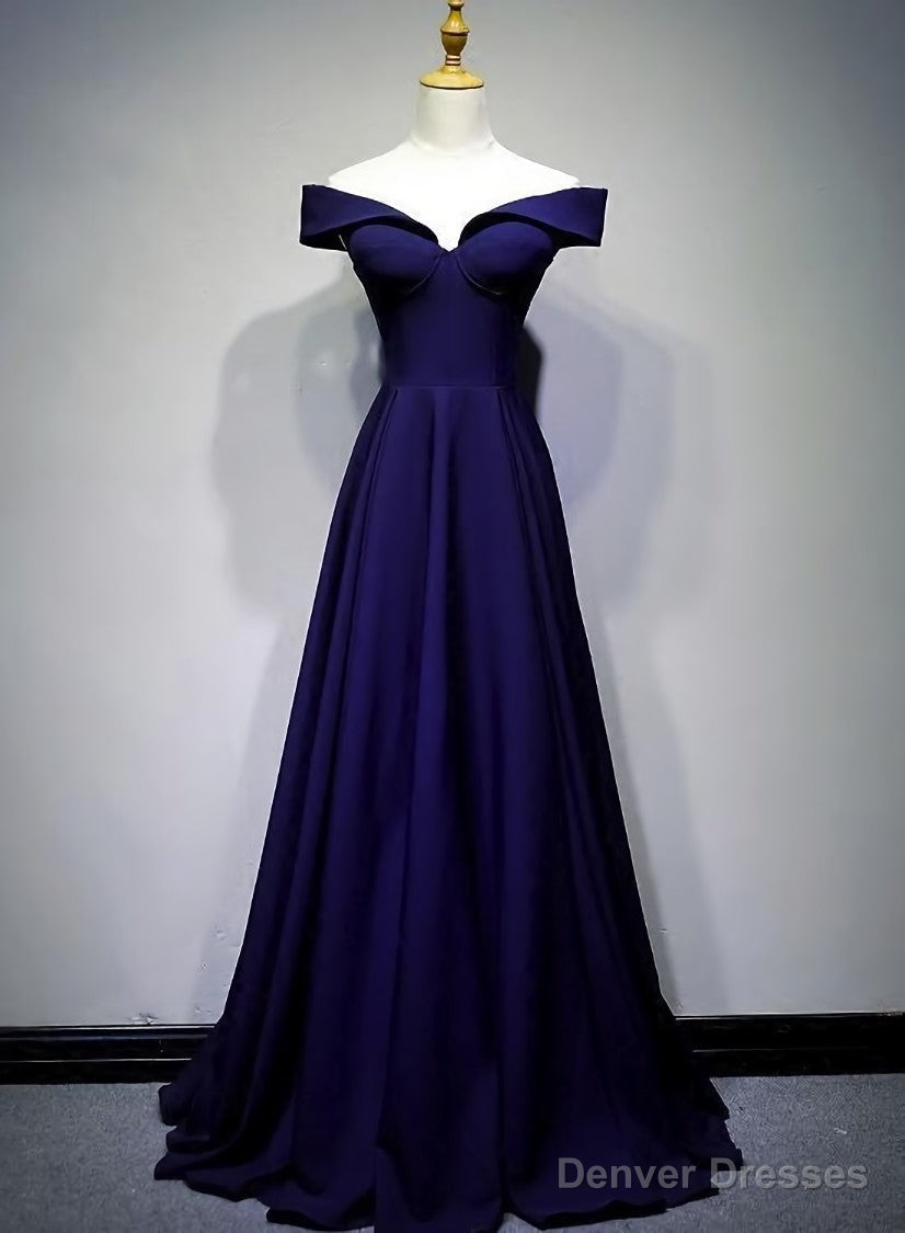 Navy Blue A-line Spandex Long Prom Dress, Off Shoulder Bridesmaid Dress Main image