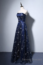 Navy Blue A-Line Tulle Long Evening Dress, Navy Blue Prom Dress