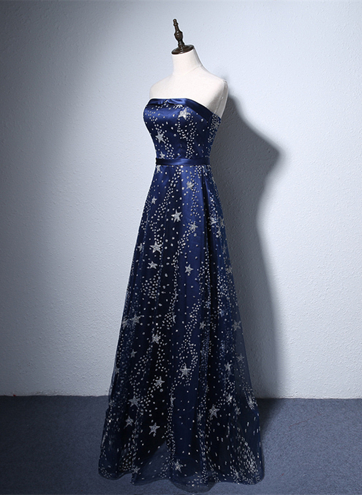 Navy Blue A-Line Tulle Long Evening Dress, Navy Blue Prom Dress