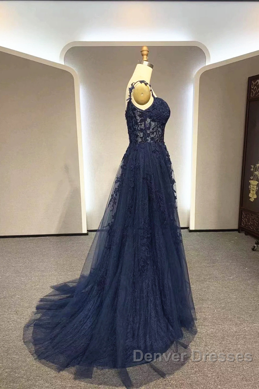 Navy Blue A-Line Tulle With Lace Prom Dress, Navy Blue Long Party Dress Secondary image
