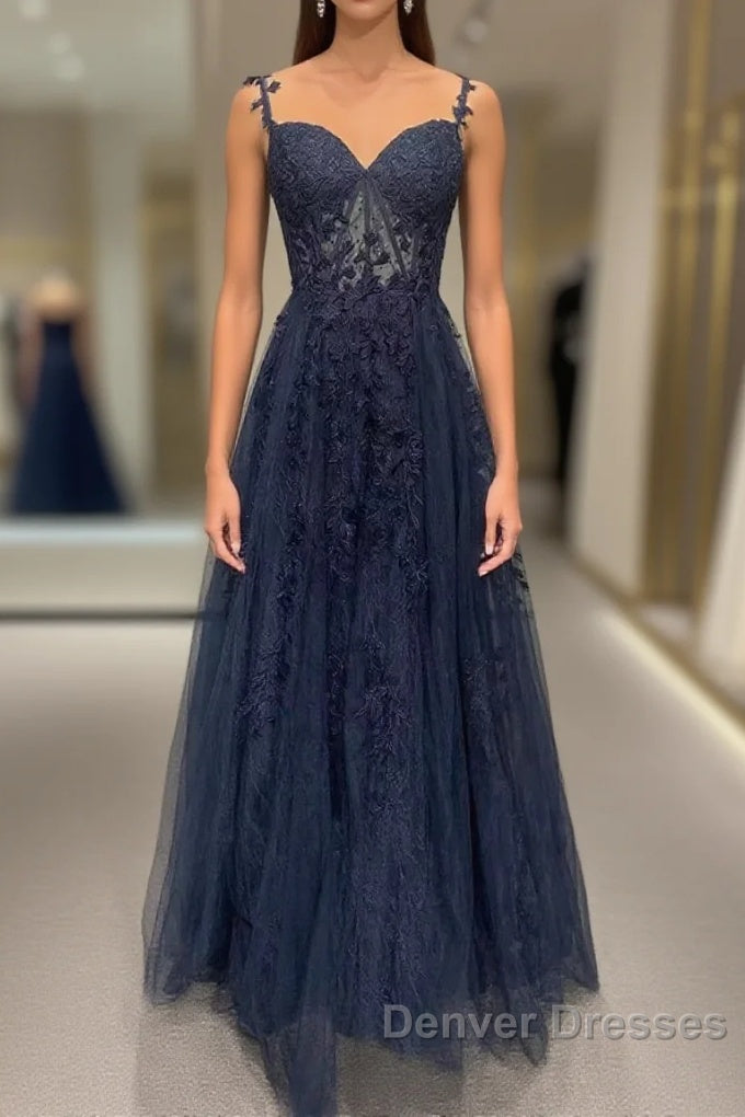 Navy Blue A-Line Tulle With Lace Prom Dress, Navy Blue Long Party Dress Main image