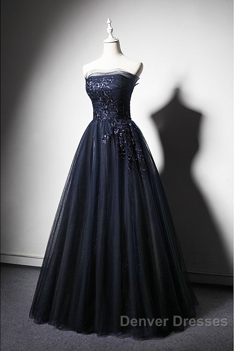 Navy Blue A-Line Tulle With Lace Scoop Long Prom Dress, Navy Blue Evening Dress Secondary image
