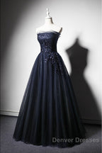 Navy Blue A-Line Tulle With Lace Scoop Long Prom Dress, Navy Blue Evening Dress