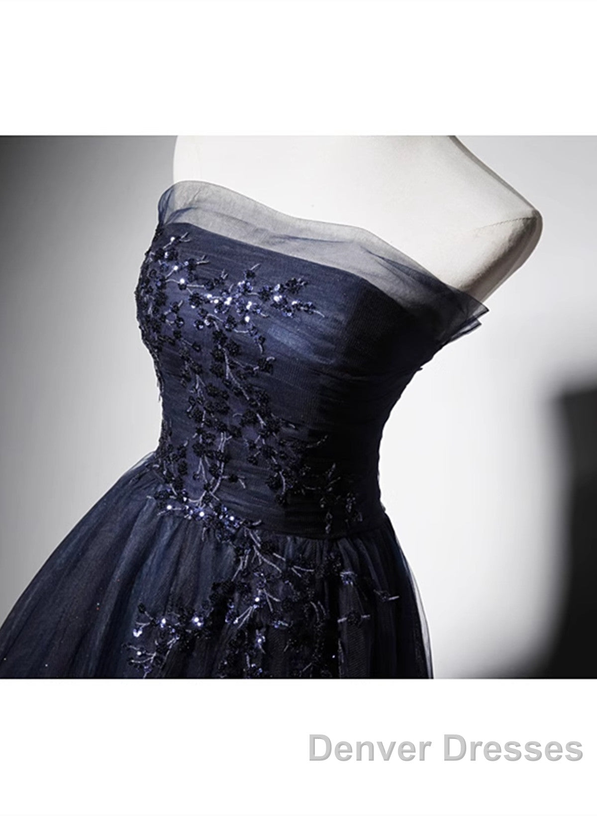 Navy Blue A-Line Tulle With Lace Scoop Long Prom Dress, Navy Blue Evening Dress